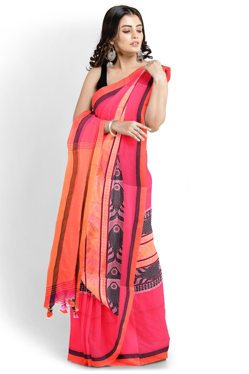 Pink Orange Pure Cotton Marine Hand Loom Saree (1278)